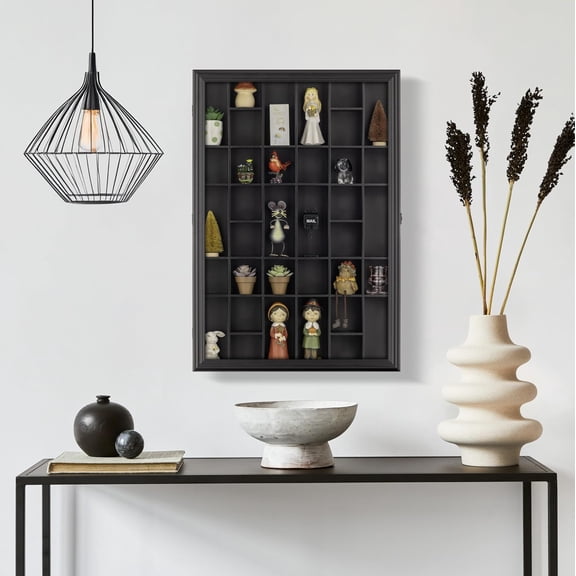 - Black Wall-Mounted - Curio & Shot Glass Display Case - 17"x26" Glass Door - Bar Accessories - Collectible - Miniature Glassware - Bar Accessories