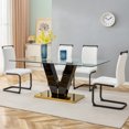 thumbnail image 2 of Dining Table Set for 4, Clear Tempered Glass Dining Table with V-shape Leg, Paired with 4 PU Chairs with C-tube Black Metal Chair Legs, White, 2 of 9