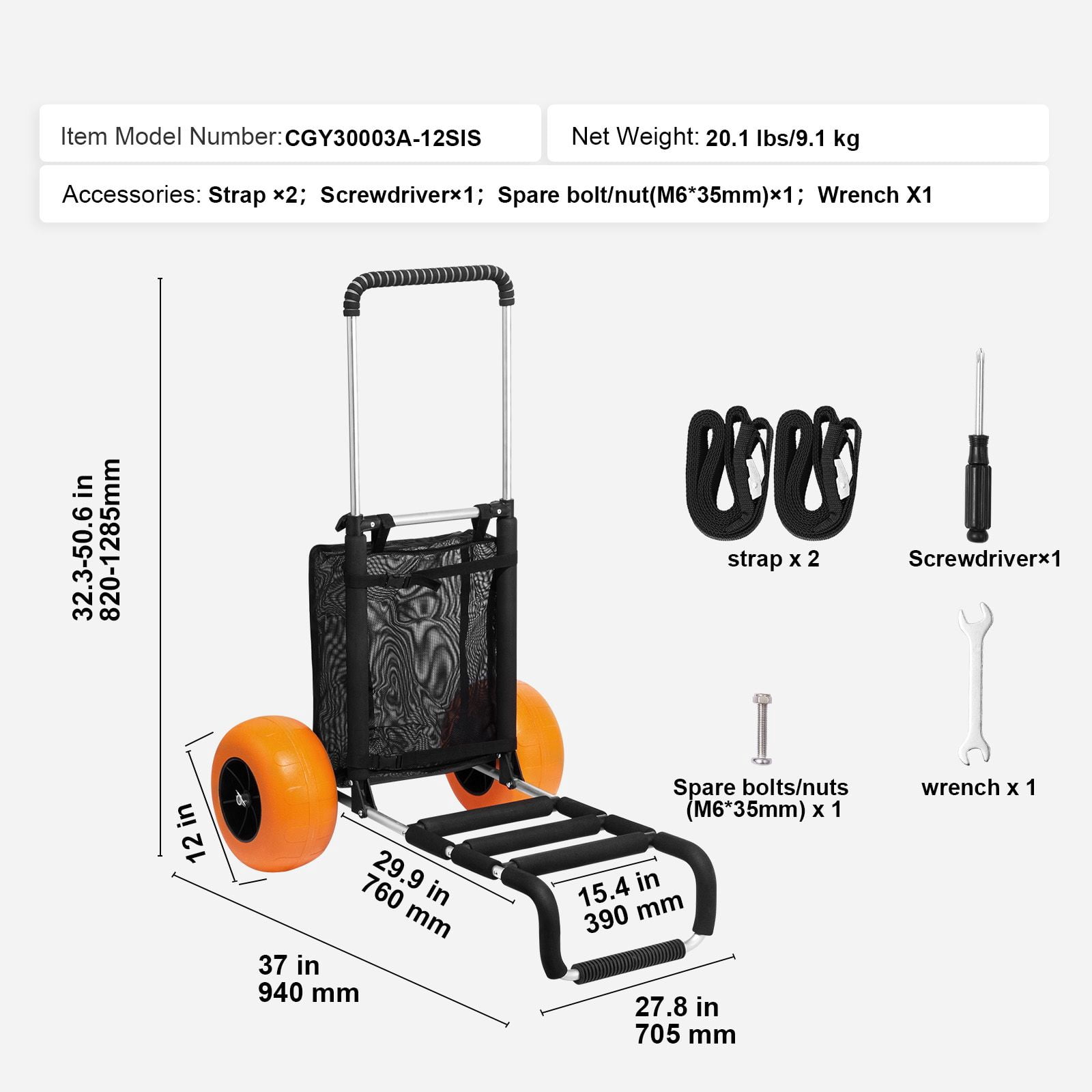 Foldable Beach Utility Cart 165LBS Capacity, Heavy Duty Aluminum Beach Wagon with 12 Inch Solid Plastic Wheels Adjustable Handle Securing Straps for Beach Camping Fishing