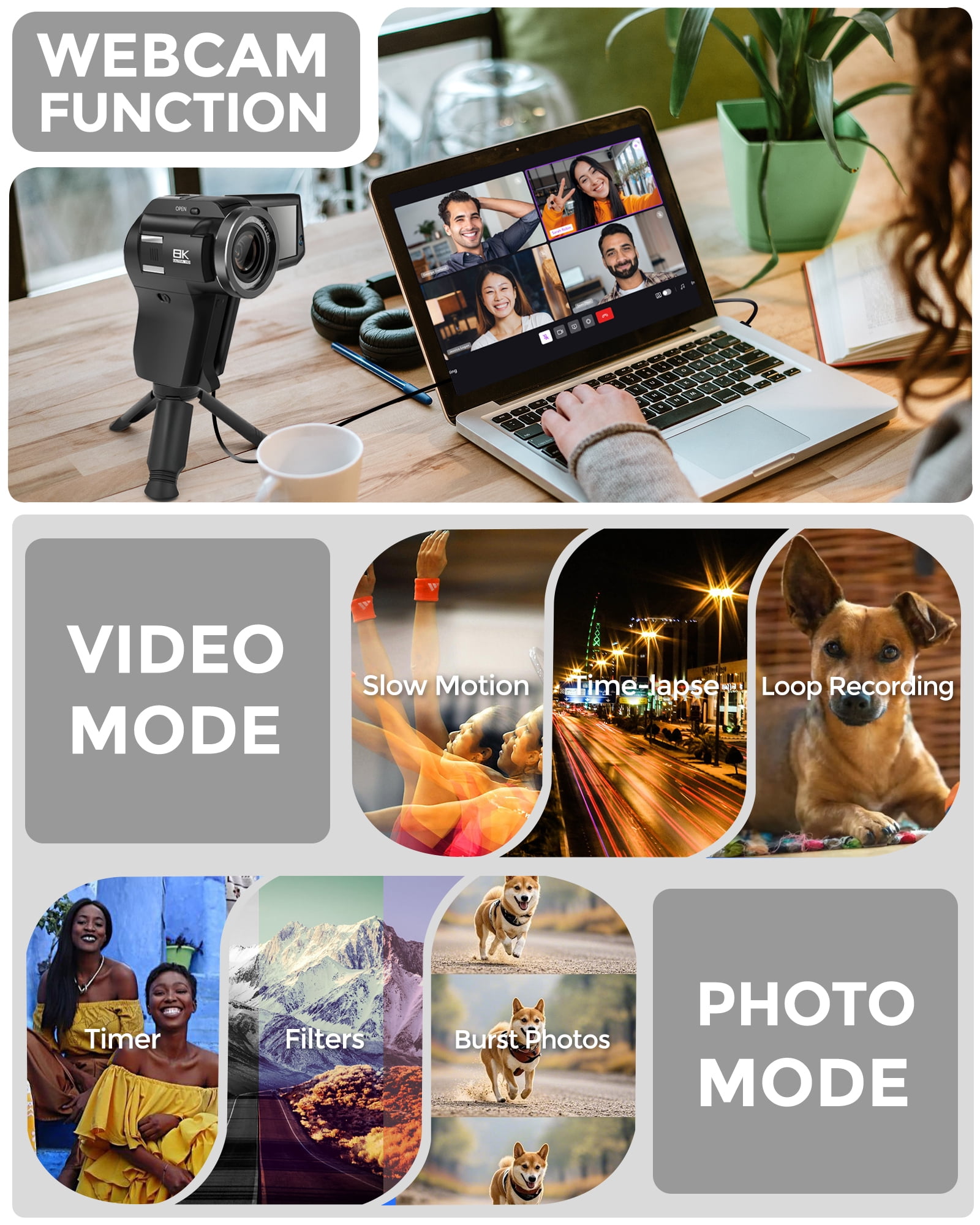 8K Video Camera 75MP Camcorder with WiFi Dual Lens Vlogging Camera for YouTube Rotation Screen Video Recorder with Microphone, Fill Light, Remote Control, mini Tripod, 2 Batteries, Charger
