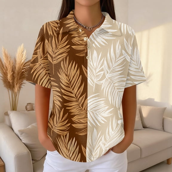 IYYVV Waffle Polo Shirts for Women Short Sleeve T-Shirt Summer Casual Tennis Work Athletic Tops Fashion Floral Printed Tee Light Brown XL