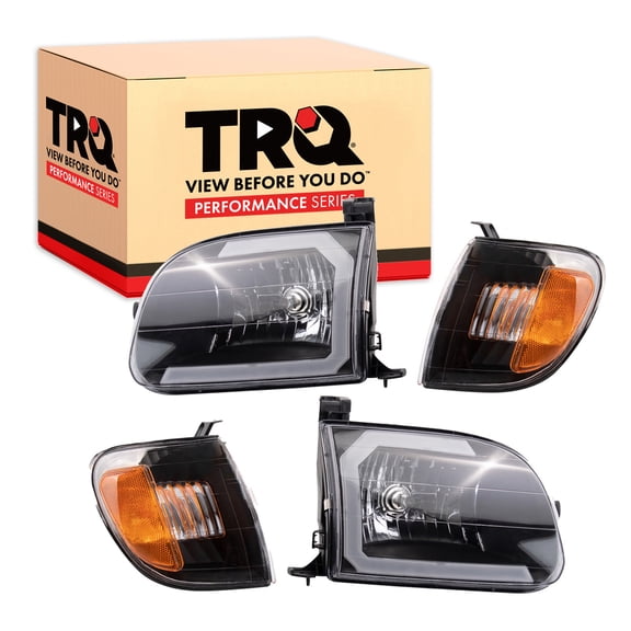 TRQ 2 Piece Headlight Assembly Set Performance Halogen LED C Light Bar Black Bezel Driver & Passenger Side Fits Toyota Tundra 2000-2004 TO2502129 TO2503129 TO2530135 TO2531135