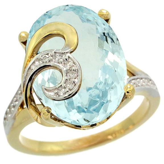 14k Yellow Gold Natural Aquamarine Ring 16x12 mm Oval Shape Diamond Accent, 5/8 inch wide, size 6