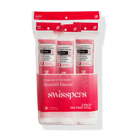 Swisspers 100% Ultra-Luxe Cotton Rounds, Soft & Strong, Lint-Free, 100% Pure Chlorine-Free Premium Cotton, Makeup Removal Rounds, Perfect for Skincare Routines, 300 Count