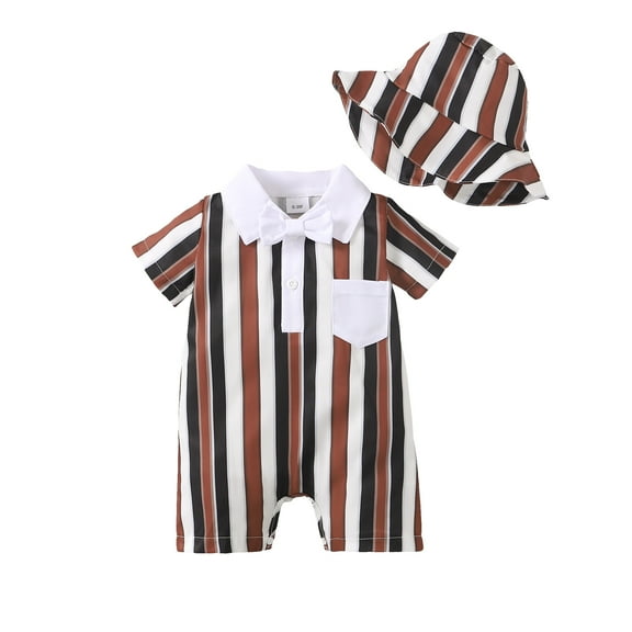 Kucnuzki Newborn Baby Boy Clothes 3 Months Spring Summer Jumpsuit Bodysuit 6 Months Short Sleeve Pinestripe Prints Button-Up Collar Overall Jumpsuit Hat 2PCS Set Brown