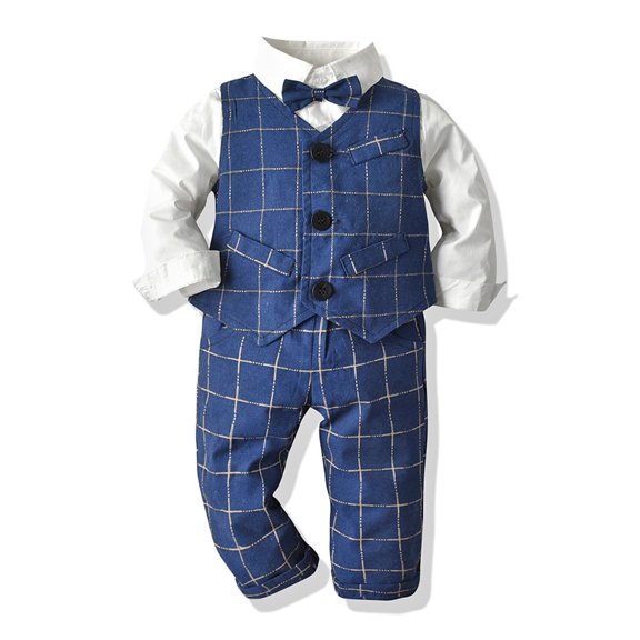 Boys Outfits 3 Piece Solid Print Lapel Long Sleeve Shirt Long Pants And Vest for Casual Wear Boys' Clothing Sets Blue 4 Years-5 Years