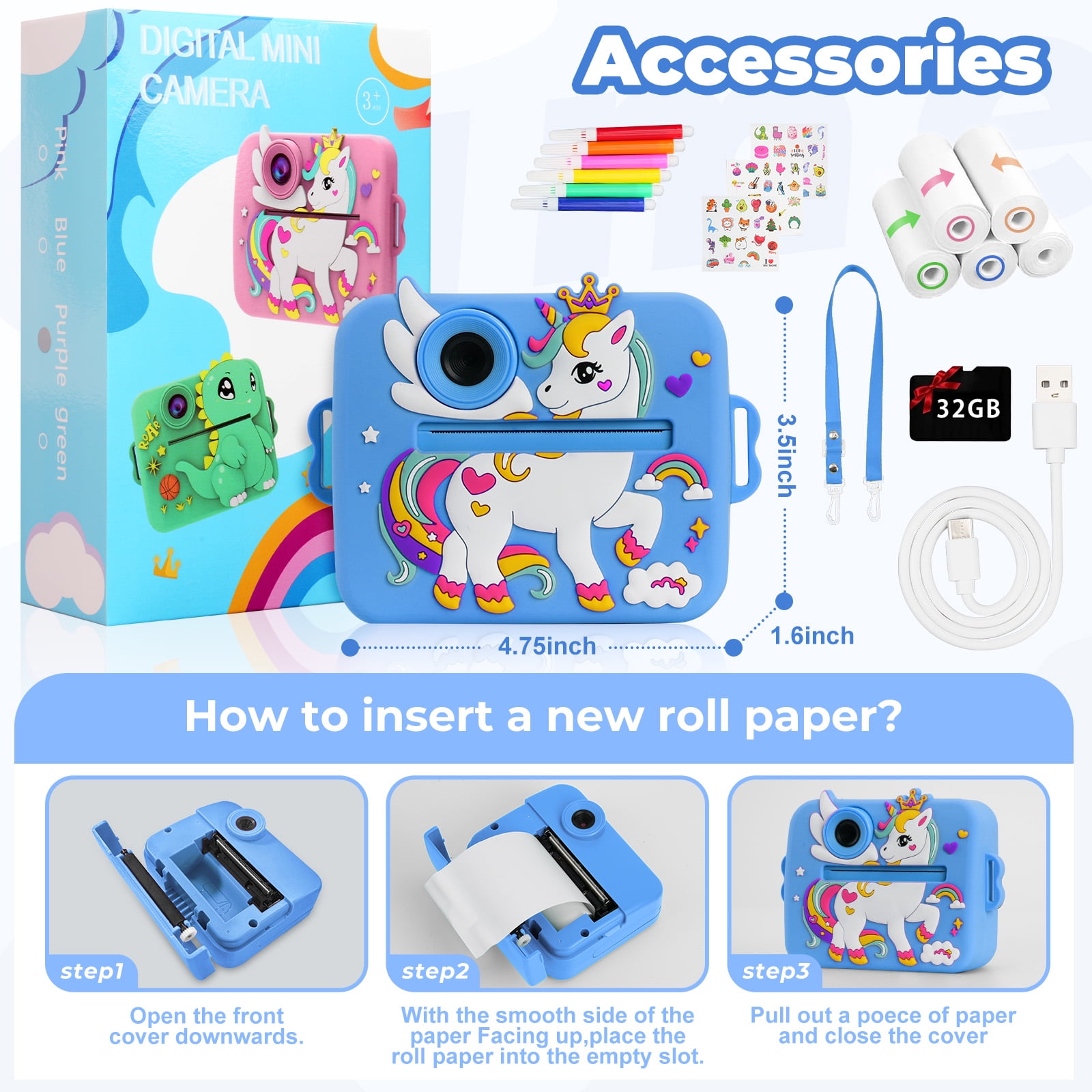 PayUSD Kids Camera Instant Print Camera with 5-Color Printing, 1080P HD Video, 48MP Photos, Unicorn Design, 32GB SD Card, Toddler Digital Camera Christmas Birthday Gift for Girls Boys Age 3-12