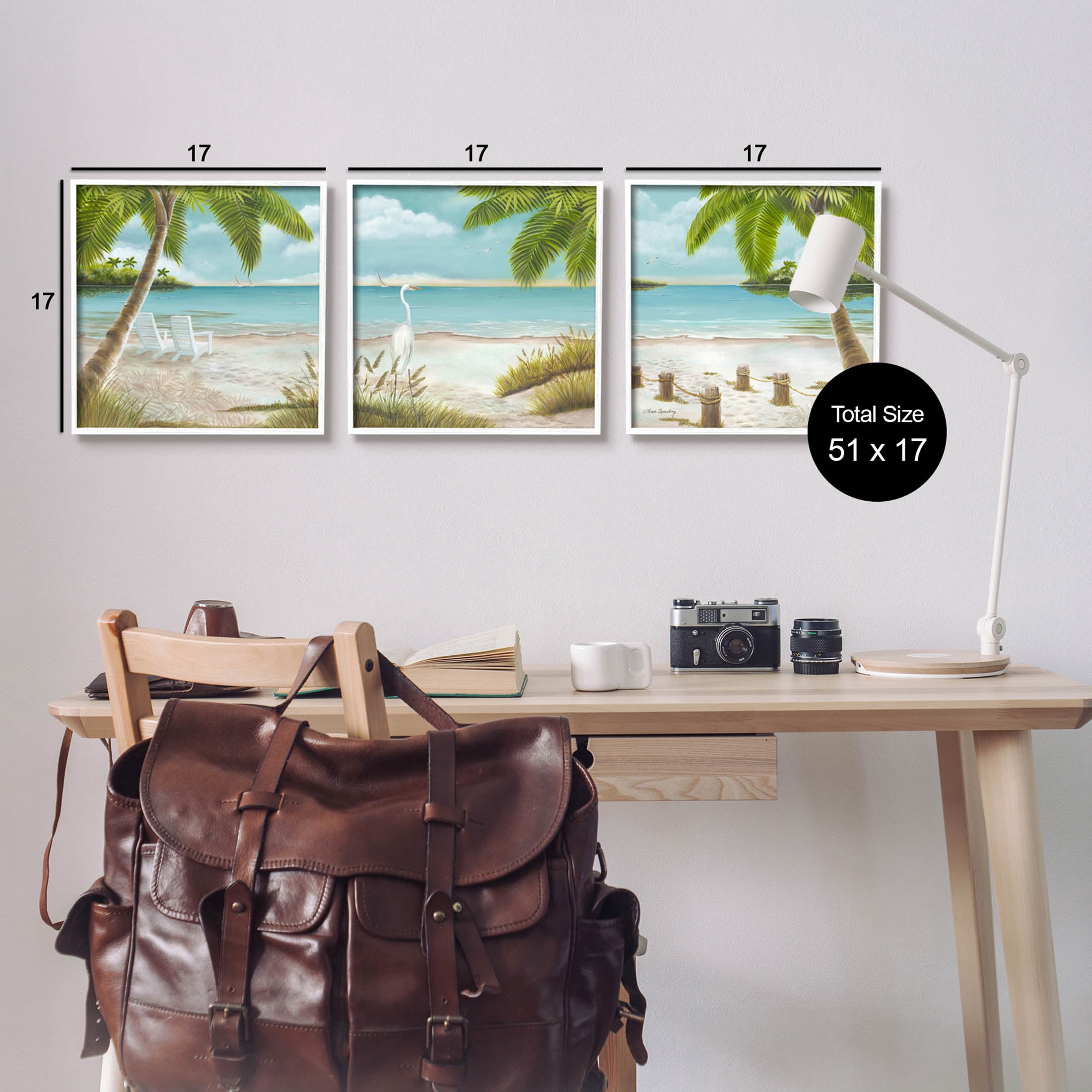 Tropical Summer Beach Getaway Shore Coastal Graphic Art White Framed Art Print Wall Art, Set of 3