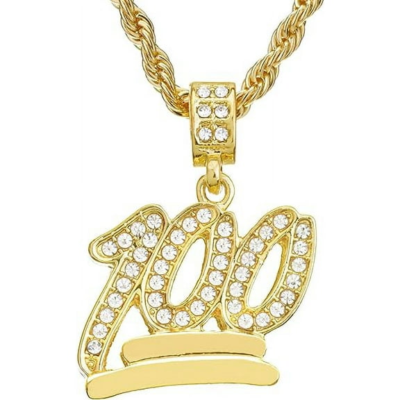 Hip Hop 100 Emoji Sign Pendant Iced Bling Fashion Hip Hop Rapper 20" Real Feel 14K Gold Plated Rope Chain Necklace HC 1068 G