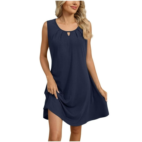 LNWUY Women Casual A-Line Dress with Pockets 2025 Sleeveless V Neck Pleated Sundress Loose T-Shirt Work Office Dresses Blue XL