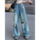 thumbnail image 4 of Pantalones vaqueros Vintage rasgados para mujer, pantalones largos de pierna ancha, cintura alta, adelgazantes, holgados, Verano, 4 of 5