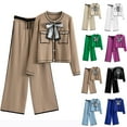 thumbnail image 3 of 2 Piece Knit Pants Sets for Women Dressy Bowknot Button Up Cardigan Sweater and Wide Leg Trouser Outfits Casual (One Size, Beige), 3 of 4