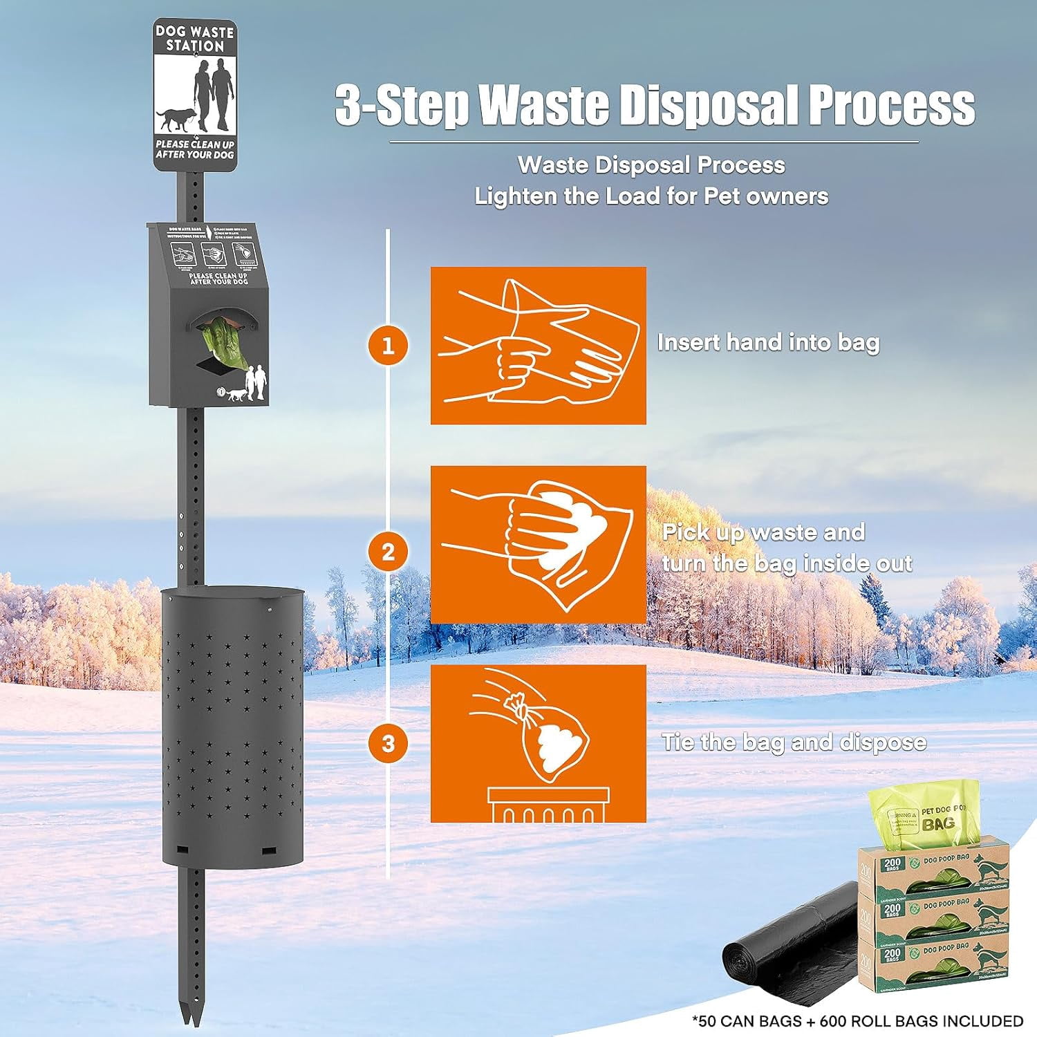 Metateel Dog Waste Station Outdoor, Pet Waste Disposal Station Rustproof Aluminum with 10 Gallon Trash Can, 600 Dog Poop Bags & 50 Liners for Parks, Trails, HOA Communities (Black)