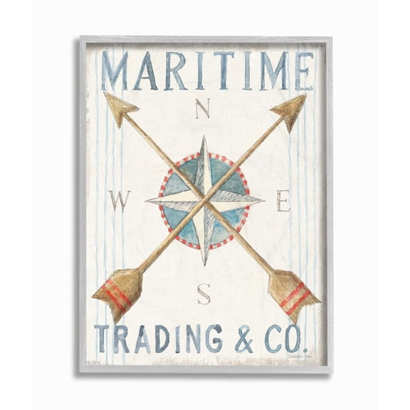Stupell Industries Crossed Arrow Nautical Compass Pastel Watercolor Framed Wall Art Design by Danhui Nai, 11" x 14", Gray Framed