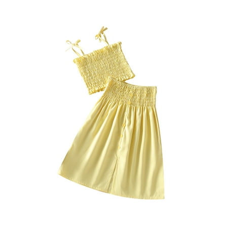 

Sunisery Summer Infant Girls 2Pcs Clothes Sets Outfits Solid Sleeveless Strap Vest Tops Button A-Line Skirts Yellow 2-3 Years