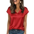 thumbnail image 3 of Fgvctg Satin Blouses For Women Silk Fashion Cap Short Sleeve Top V Neck Shirt Loose Casual Business Work Outfits Red L, 3 of 5