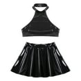 thumbnail image 5 of YONGHS Women's Shiny Metallic Halter Neck Crop Top + Mini Skirt Two Piece Rave Outfits Set Black 3XL, 5 of 7