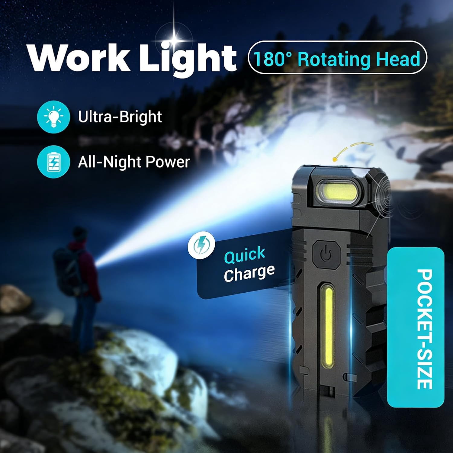 180° Rotating Head LED Work Light – Dual Beam, Magnetic Base & USB-C Rechargeable, Clip-On Keychain Light, Mini Rechargeable Flashlight for Emergency, Walk Dog, Working, Hiking, Camping