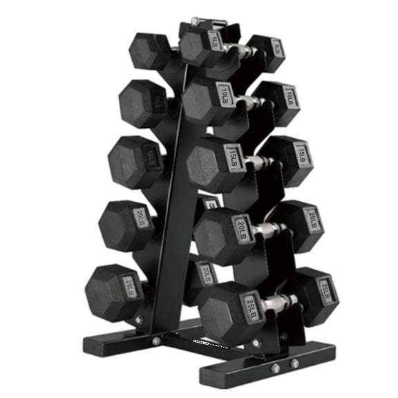 HolaHatha Hex Dumbbell with Rack, 5/10/15/20/25 lb (Black)