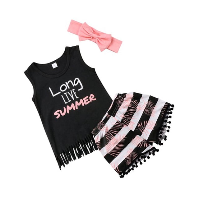Sonducket Traje de pantalones cortos para bebé, camiseta con estampado de letras, chaleco, borla, pantalones cortos, diadema conjuntos de ropa Negro 130cm