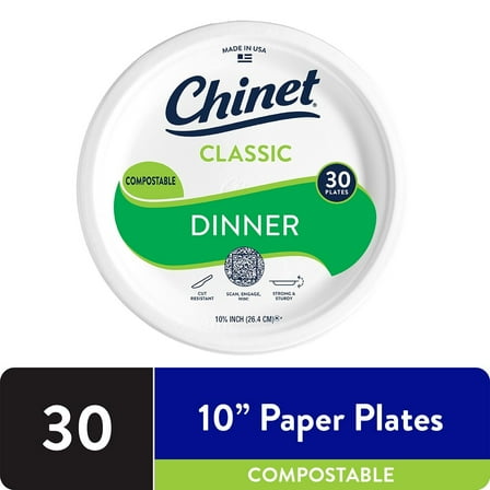 Chinet Classic® Premium Dinner Paper Plates, 10 3/8”, White, 30 Count
