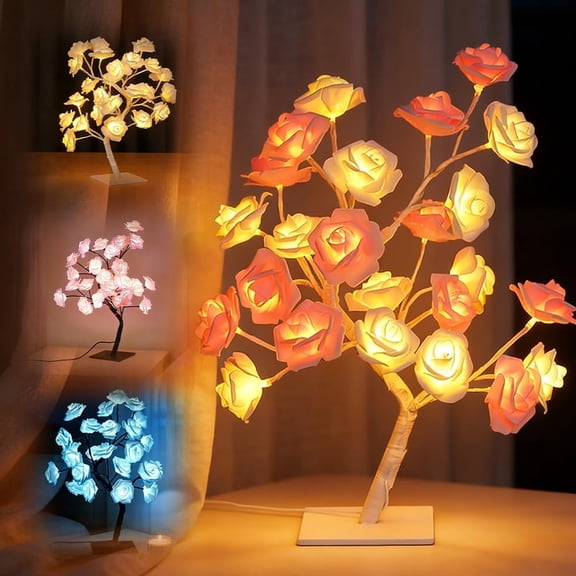Rose Tree Lamp, Forever Flower LED Table Lamp (Pink White, White Base) - Romantic Colorful Night Light for Valentine's Day, Party & Bedroom Decor(1Pcs, B)