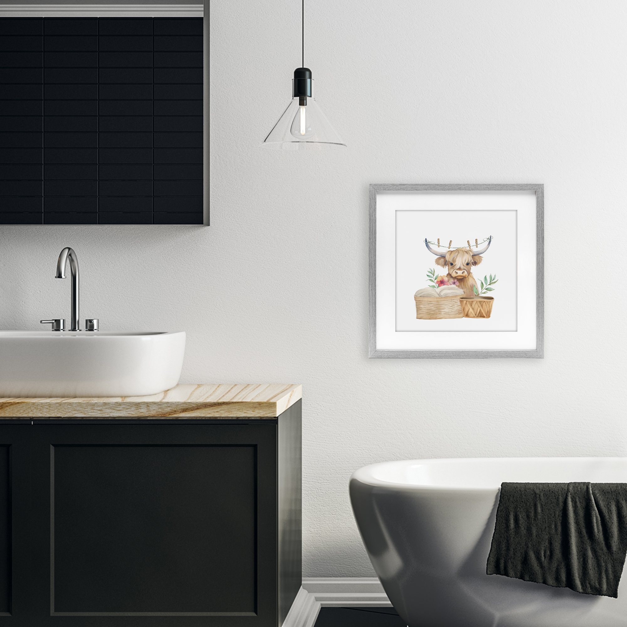 Laundry Day Baby Cattle Gray Framed Print Under Glass, design by Kim Allen