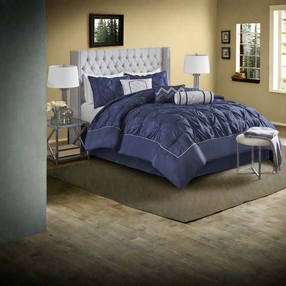 Luxury 7Piece Bedding Sets Tufted Polyester Comforter with Navy Modern Design