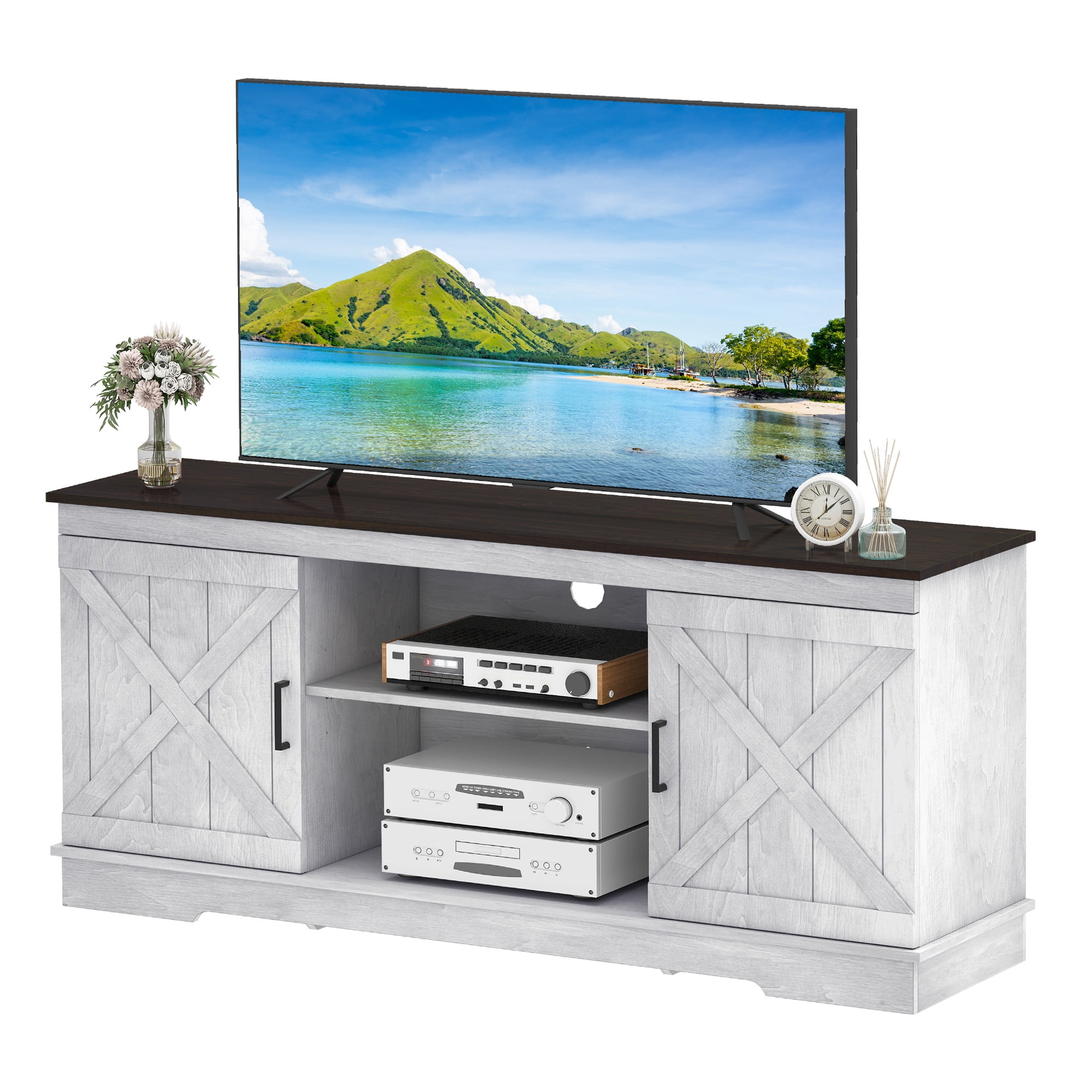 Uforic Farmhouse TV Stand for up 65" TVs, Entertainment Center Console Table for Living Room, Gray White