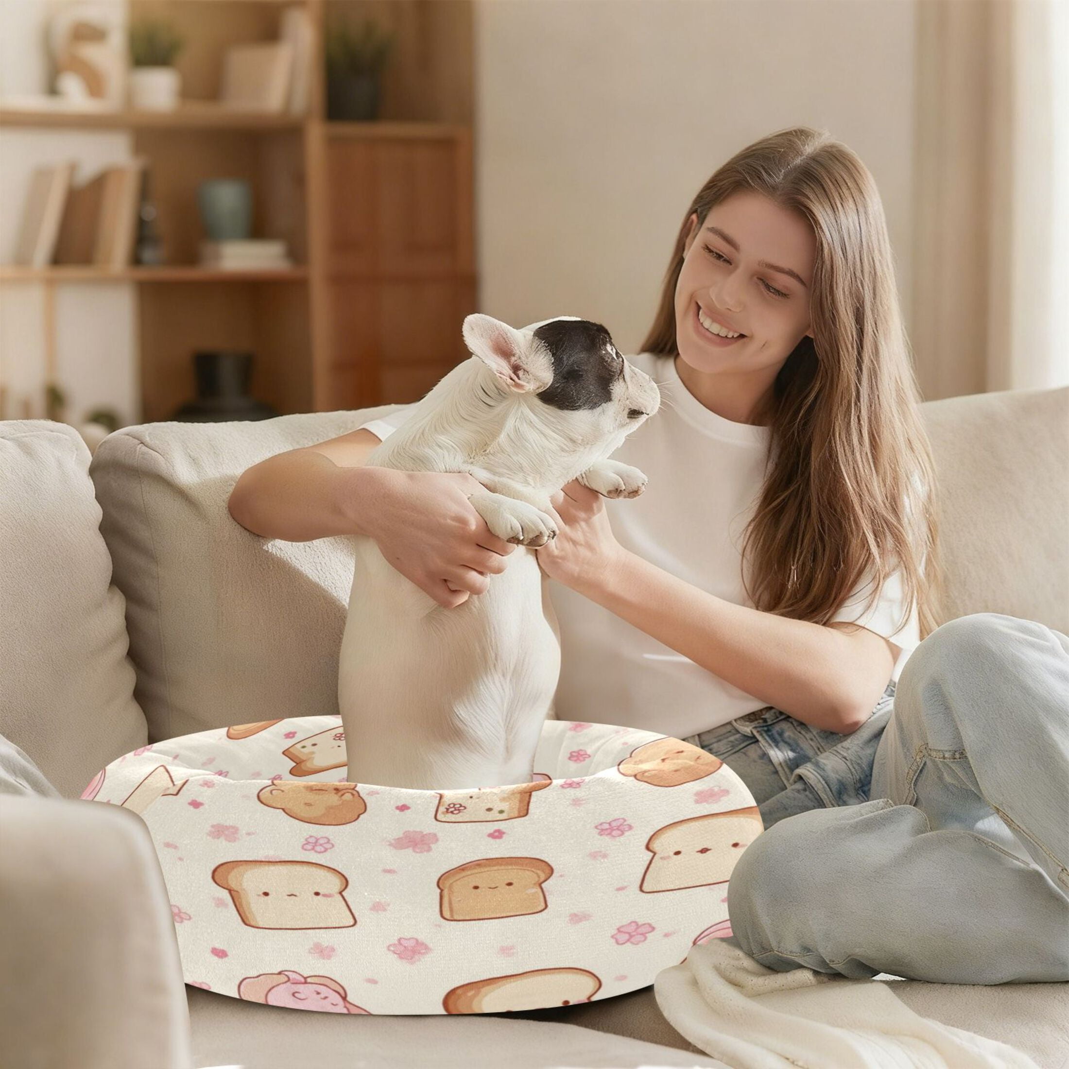 Iauyy Pet Couch Donut Cat Bed for Indoor Cats/Small Dogs Washable & Machine with Non-slip Bottom Calming Cat Furniture, Cartoon Bread Man (S)