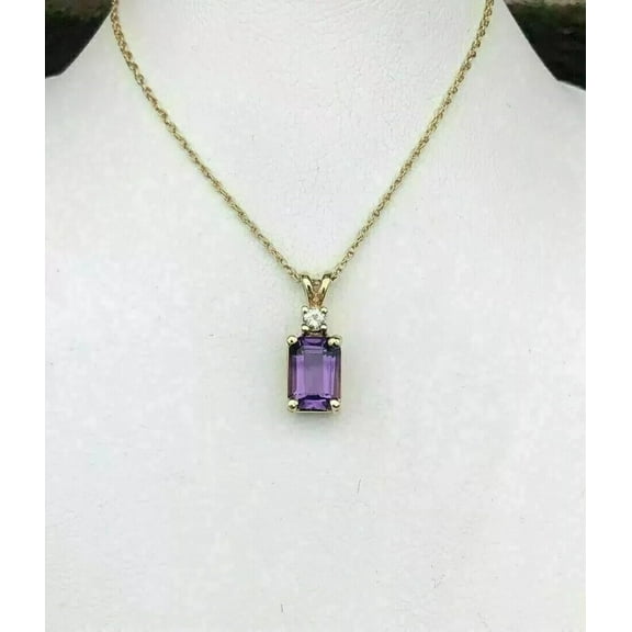 2 Ct Emerald Cut Lab Created Amethyst & Diamond Pendant 14k Yellow Gold Plated