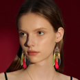 thumbnail image 2 of Long Feather Dangle Drop Statement Earrings for Women Gold-Toned Bohemian Enamel Fan Shaped Leaf Turquoise Beads Fringe Tassel Dangling Studs Earring Lightweight Fish Hook Vintage Ethnic Jewelry, 2 of 12