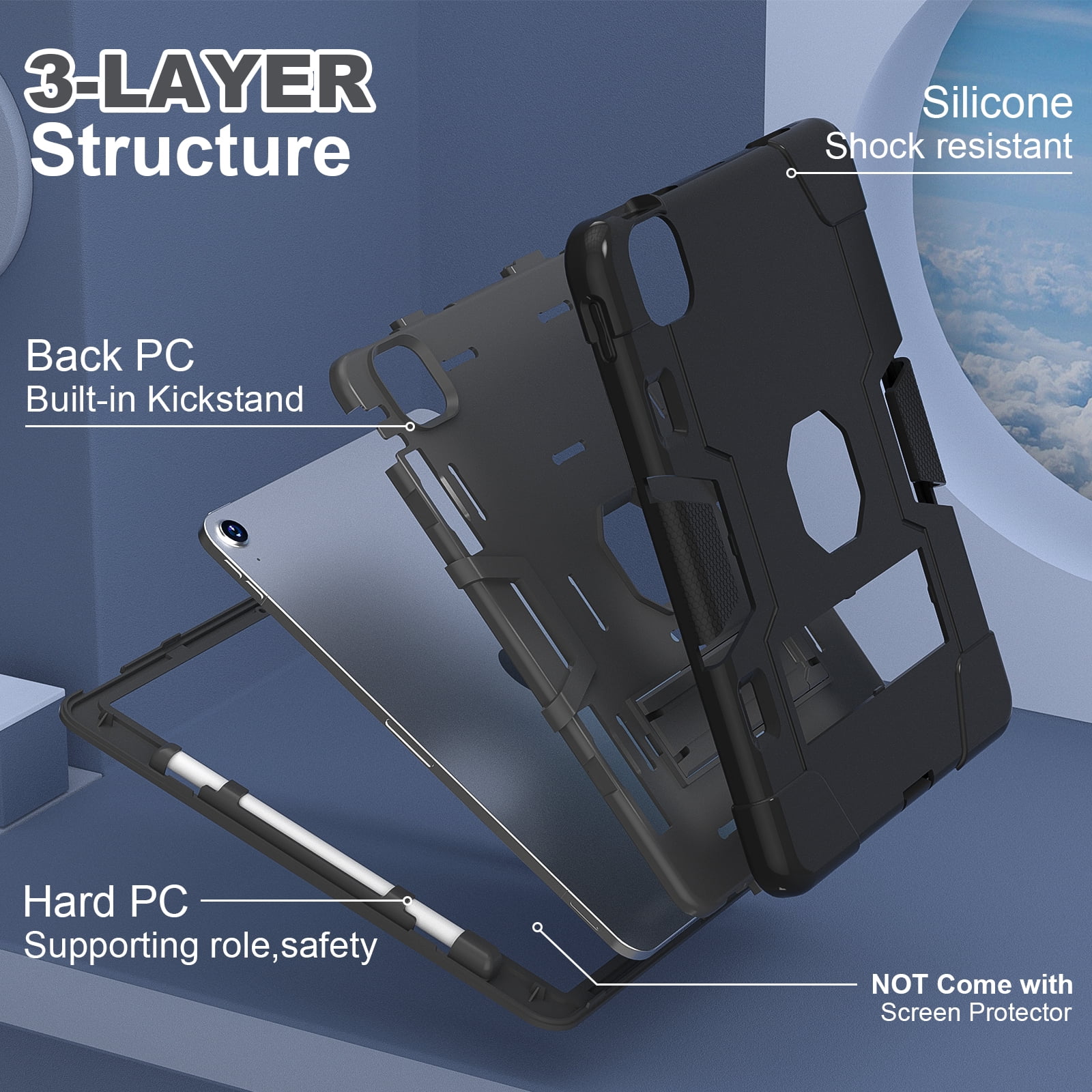 ELEHOLD for iPad Air 11 Inch Case 2024 Release, iPad Air 11 (M2) Case with Pencil Holder and Kickstand, Heavy Duty Shockproof Protective Cover,Black