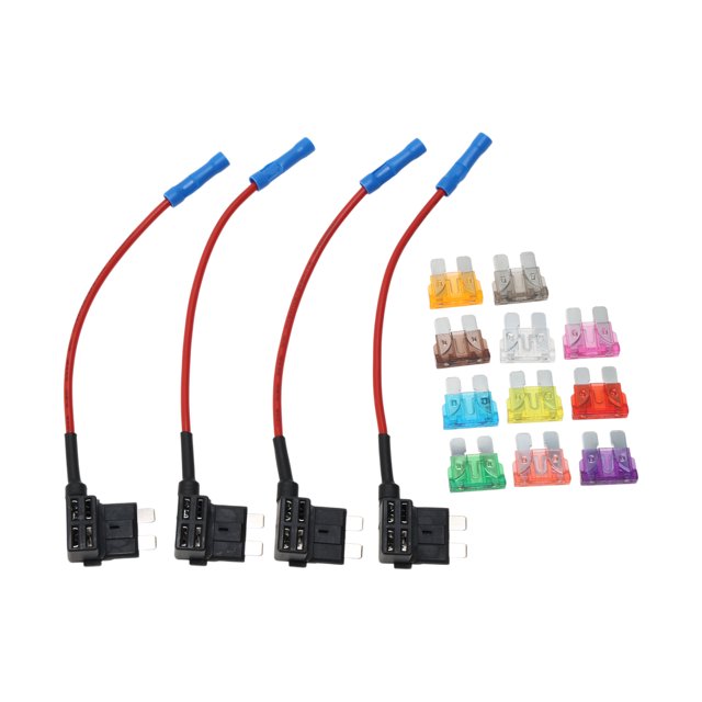 Kit de Adaptador de Fusible Tap, Conector de Portafusible Tap, Paquete de 4 Medianos de Portafusible de Cuchilla CC 32V con 11 Fusibles (2A+3A+5A+7.5A+10A+15A+20A+25A+30A+35A+40A)