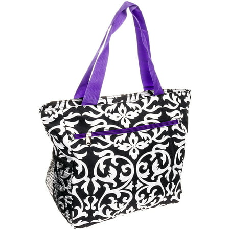 SILVERHOOKS NEW Womens Black/White Damask Beach Tote Shoulder Bag w/ Purple Trim