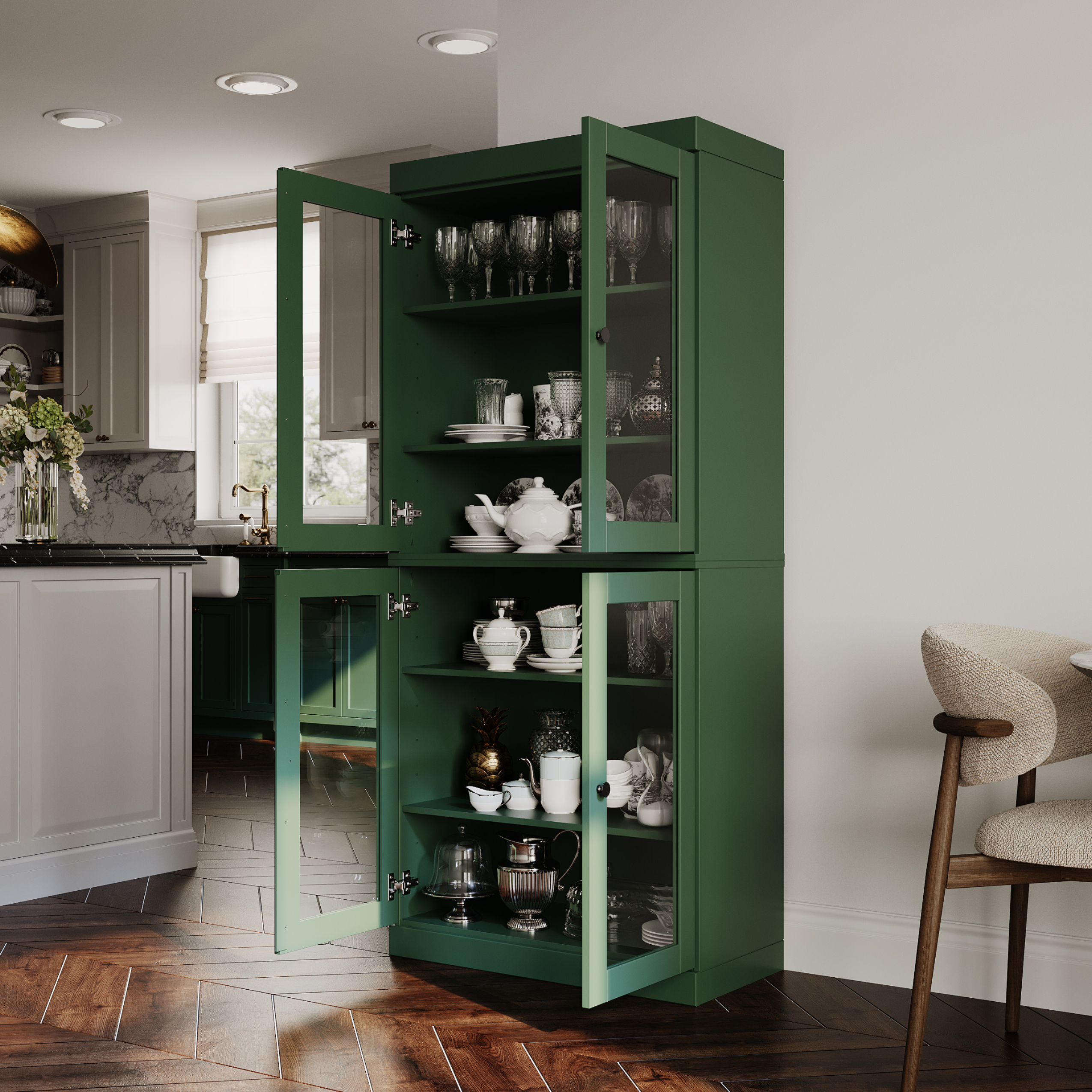 Palace Imports 100% Solid Wood Kitchen Pantry Storage Cabinet with Glass Doors and Adjustable Shelves, Green