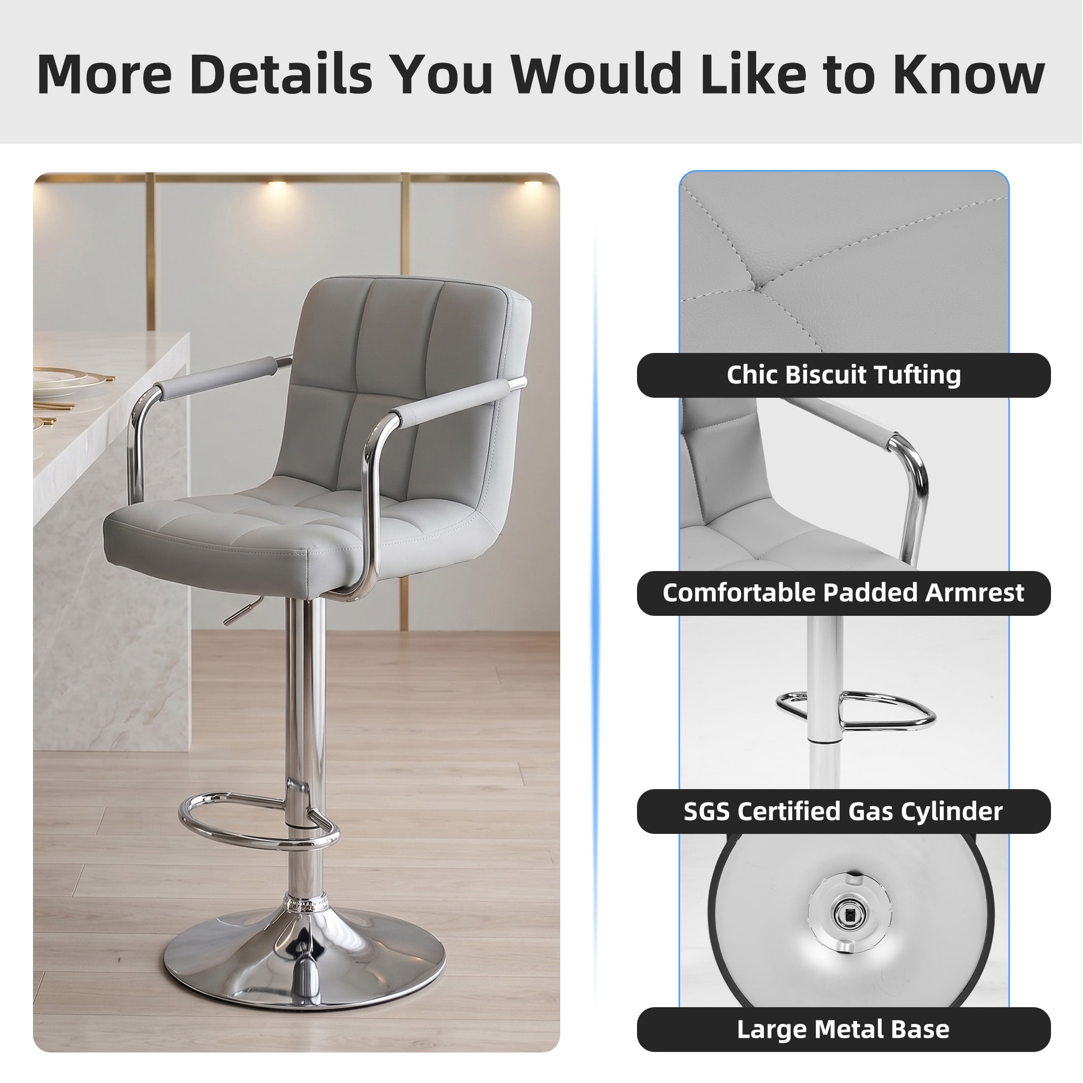 CONCETTA Set Of 2 Swivel Bar Stools With Armrests, Made of Adjustable Pu Leather with Back & Footrest,Gray