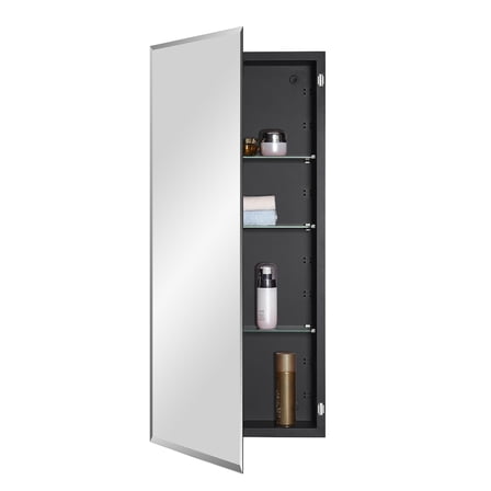Black Bathroom Medicine Cabinet with Beveled Edge Mirrored Door 16 x 36 inch, Recessed or Surface Mount, with Adjustable Glass shelves