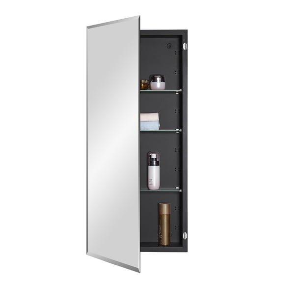 Black Bathroom Medicine Cabinet with Beveled Edge Mirrored Door 16 x 36 inch, Recessed or Surface Mount, with Adjustable Glass shelves