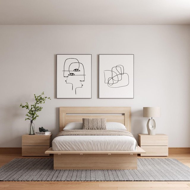 Nexera Malibu 4-piece bedroom set featuring a light wood platform bed with headboard, two matching nightstands with decor items including a lamp and vase, against a neutral wall with minimalist black line abstract artwork.