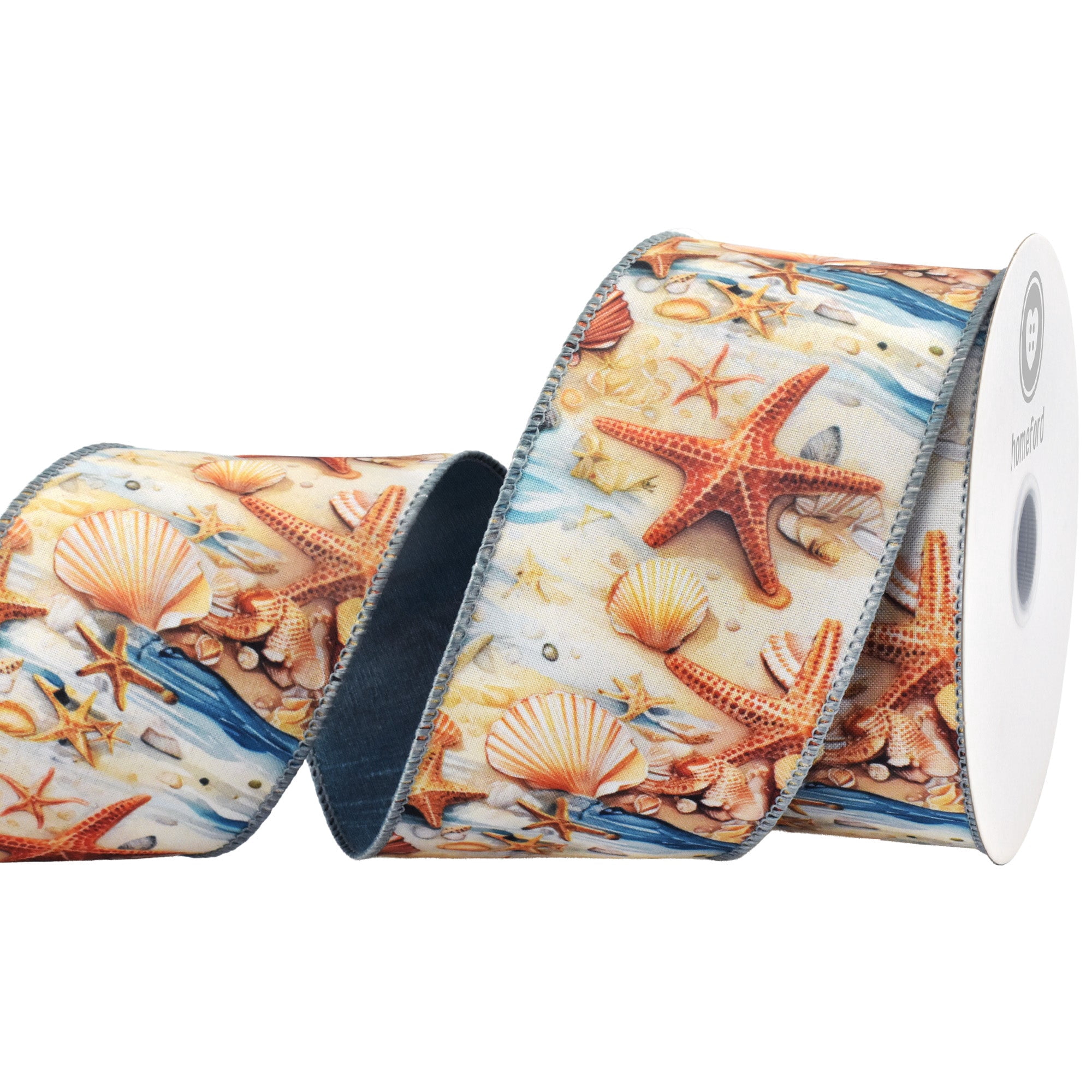 Homeford Summer Starfish Seashells Tidepool Deluxe Wired Ribbon, 2-1/2-inch, Blue/Ivory/Orange, 10-yard