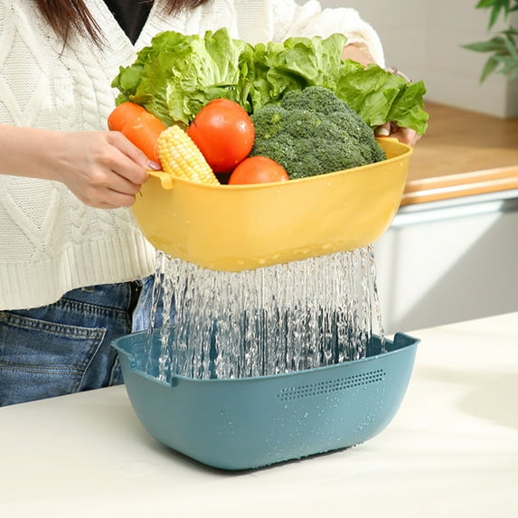 Happy Date Large Kitchen Strainer Colander Bowl Set, Double-Layer Plastic Fruits Vegetable Washing Basket, Drain Bowls for Cleaning Washing Mixing, Detachable