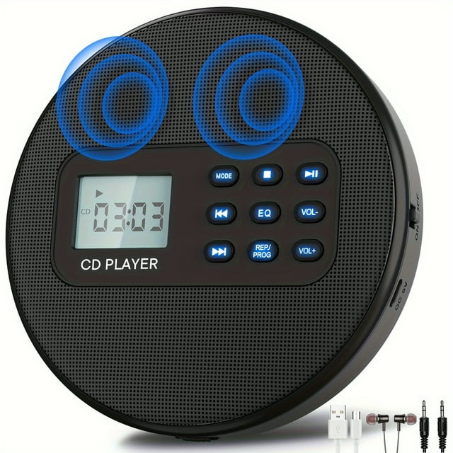 HLONK Lecteur CD pour Voiture Lecteur CD Rechargeable avec Haut-Parleurs Stéréo et Protection Anti-Saut Lecteur CD avec Écouteurs Écran LCD avec Rétroéclairage