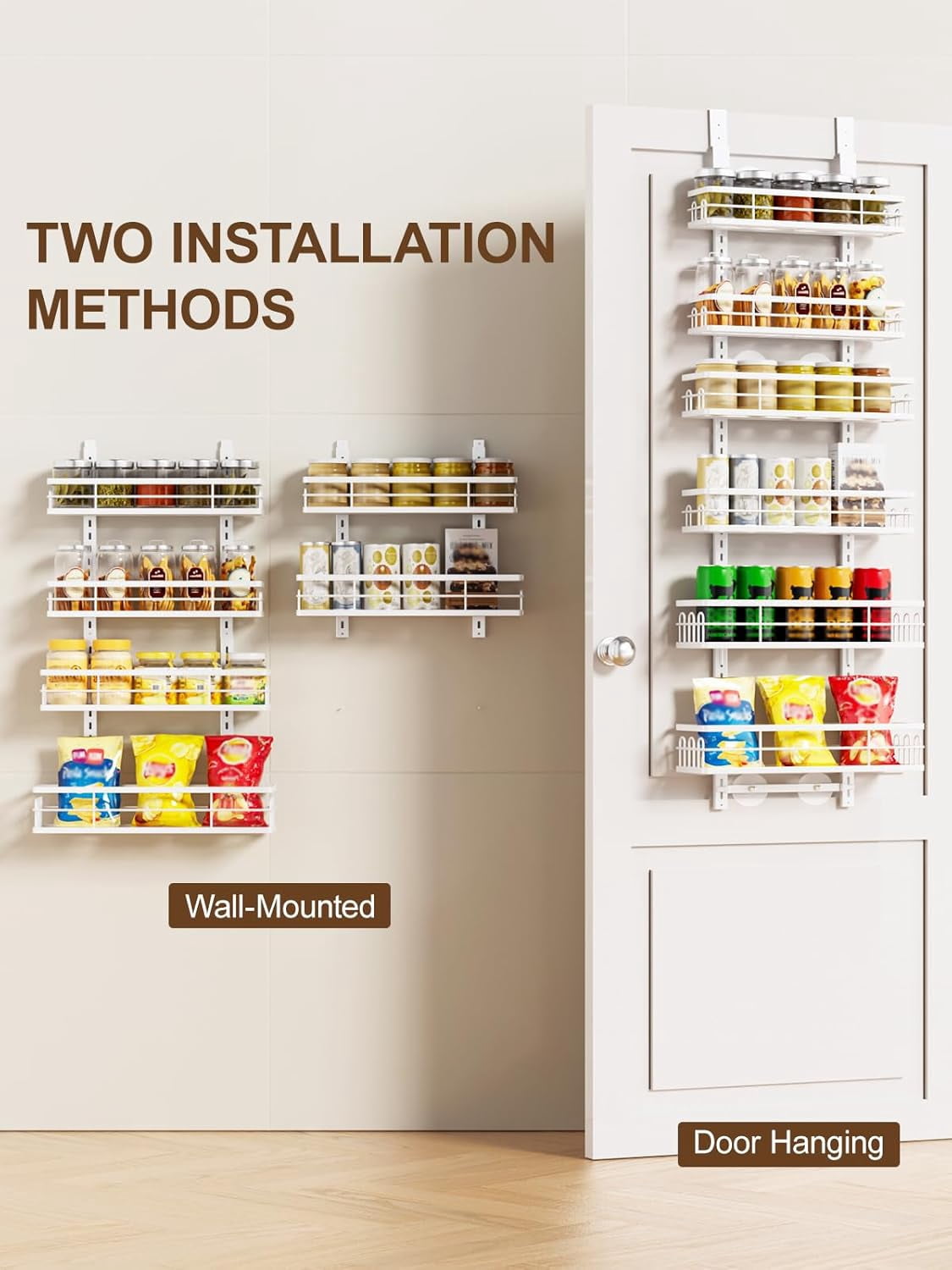 Delamu Over the Door Pantry Organizer, 6 Tier Pantry Door Organizer with Adjustable Basket, Door Spice Rack Seasoning Organizer, Metal Hanging Pantry Organizers and Storage for Kitchen,15.3" White