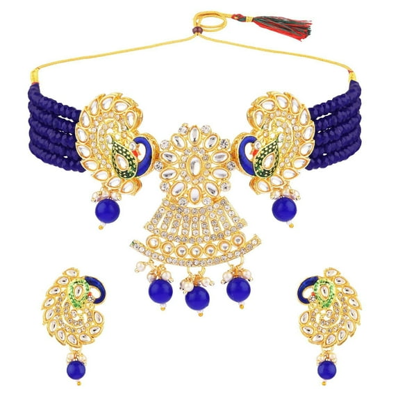Efulgenz Faux Pearl Choker Crystal Kundan Peacock Stranded Blue Multi Layered Necklace Earrings Indian Traditional Jewelry Set for Women