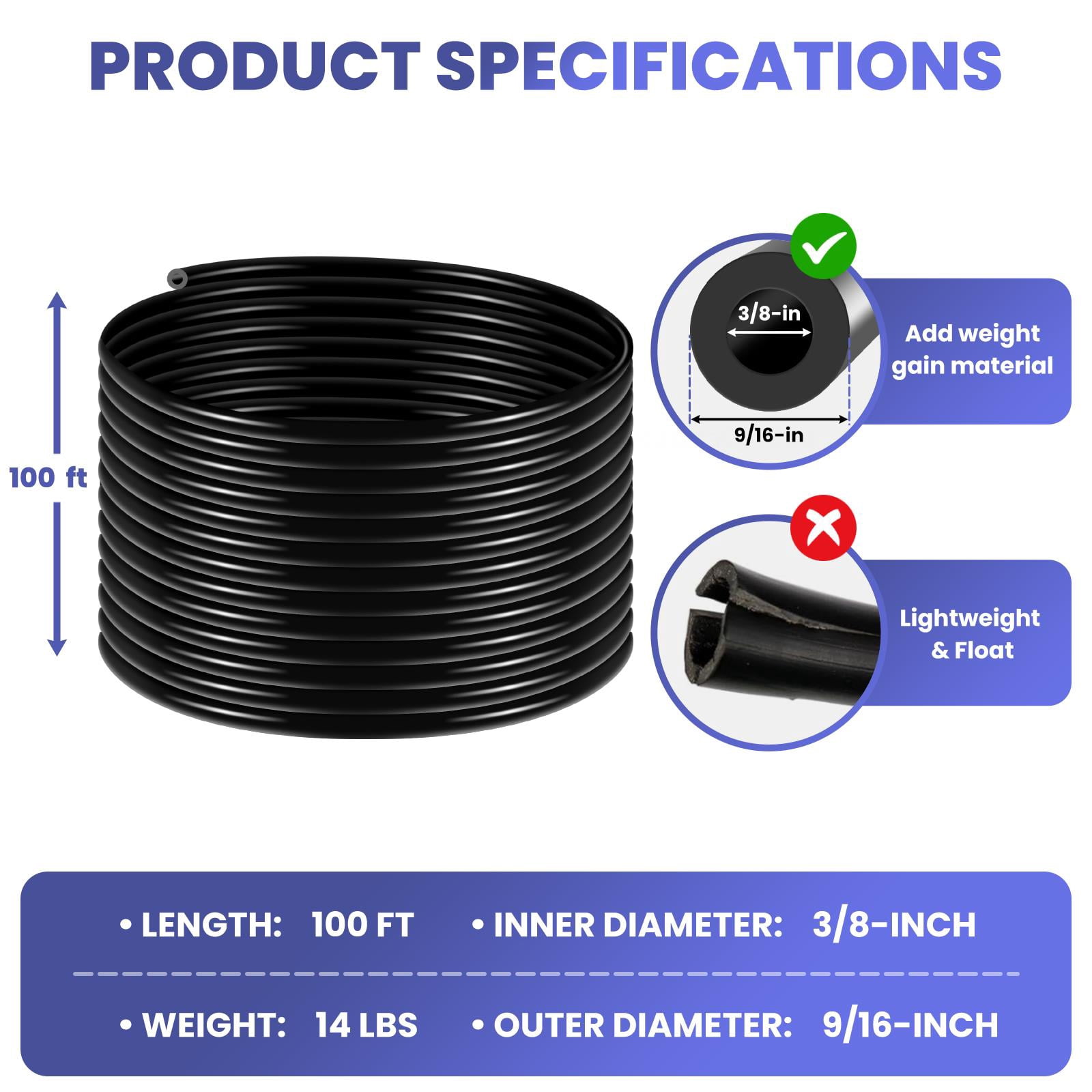 100ft 3/8 Inch Self Sinking Aeration Hose with Copper Menders, 30-Meter Hose for Garden, Lake, Fish Tank (Stainless Clamps Included)