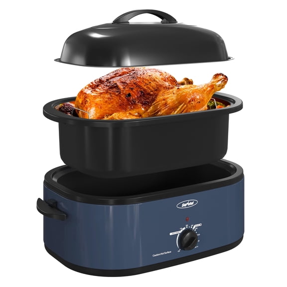 RoyalCraft Roaster Oven, Electric Roaster Oven with Self-Basting Lid, 24lb 20-Quart Turkey Roaster with Unique Defrost/Warm Function, Large Roaster with Removable Pan & Rack, Stainless Steel, Blue