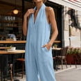 thumbnail image 6 of Beach Vacation Jumpsuits for Women Halter Neck Sleeveless Linen Rompers Summer Travel Wide Leg Jumpsuit Light Blue, 3XL, 6 of 7