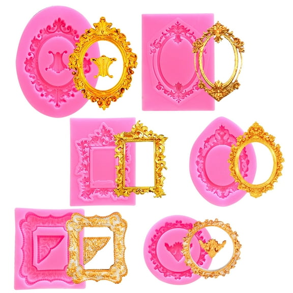 6 Pcs Pink Baroque Photo Frame Silicone Molds, Mini Frame and Corner Molds for Polymer Clay, Chocolate, Cupcake Topper, Cake DIY Craft Decoration