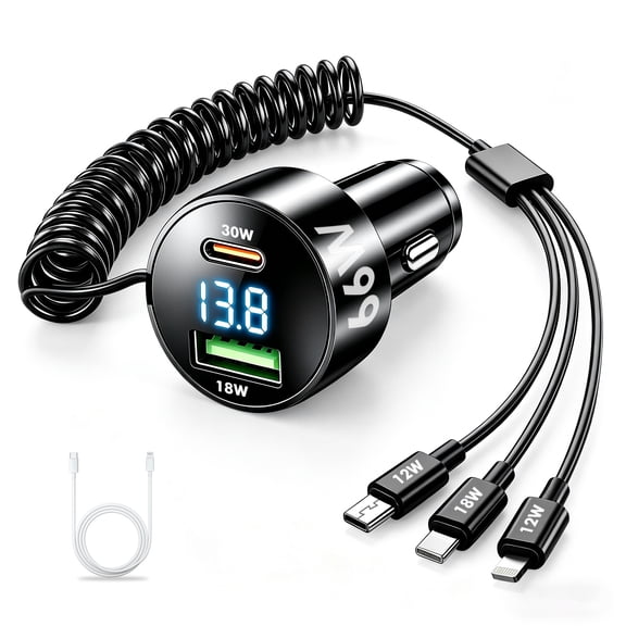 Atzeste 5 in 1 Car Charger 66W Fast Charging USB & Type C Car Charging Adapter with Type C Micro USB Charger, LED, Compatible with iPhone 17 16 15 14 13 12 11, Galaxy & Pixel, Android